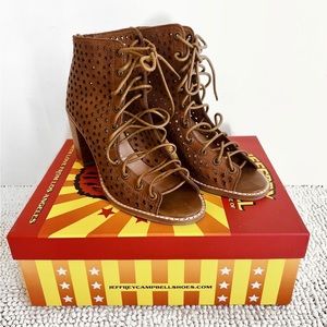 Jeffrey Campbell Cors Leather Tan Sandals Booties Heels Size 7.5